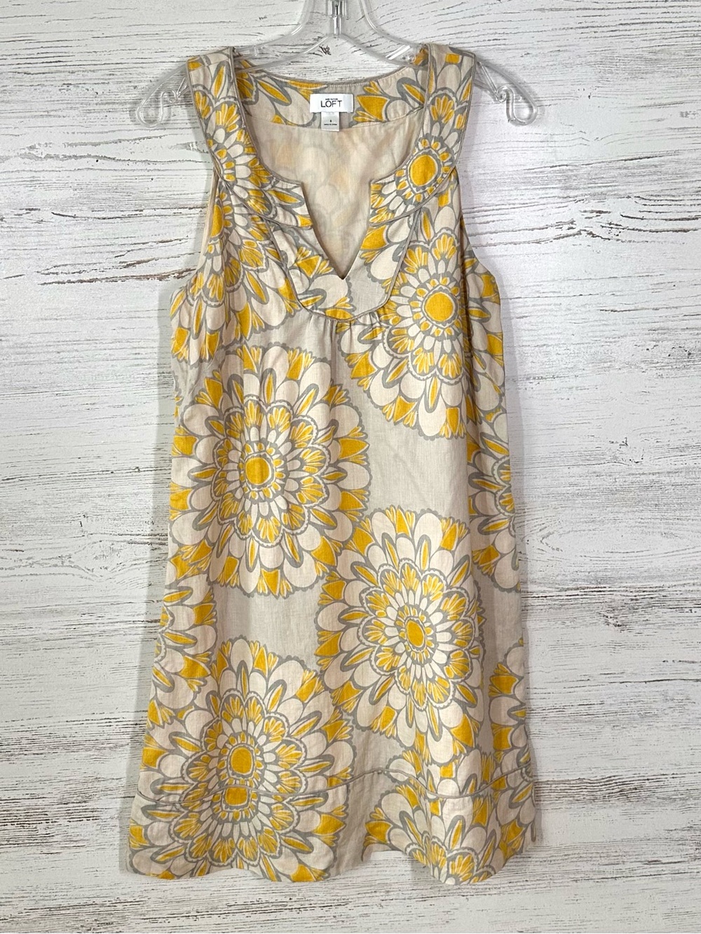LOFT 100% Linen Sunflower Print Sleeveless Shift Mini Dress 6 Summer Floral